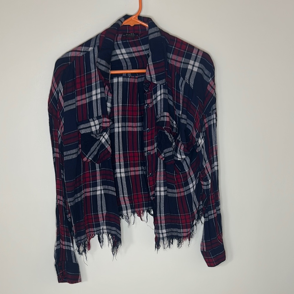 Plaid Frayed Hem Button Down